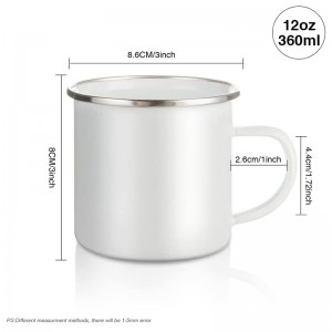 Taza esmaltada en blanco de sublimación de 12 onzas. Taza fina de metal de viaje para café al aire libre con borde plateado