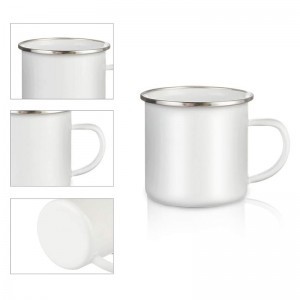 Taza esmaltada en blanco de sublimación de 12 onzas. Taza fina de metal de viaje para café al aire libre con borde plateado