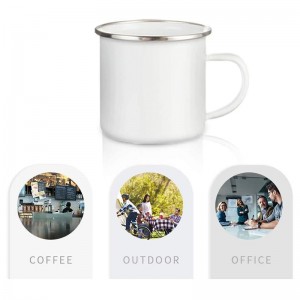 Taza flaca de metal con borde plateado para acampar al aire libre, taza esmaltada en blanco con sublimación de 12 onzas, taza delgada de metal para viajes y café al aire libre