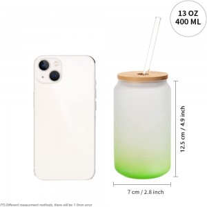 13 OZ Sublimation Glass Cans Blanks Frosted Green with Bamboo Lid and Clear Glass Straw Wide waha