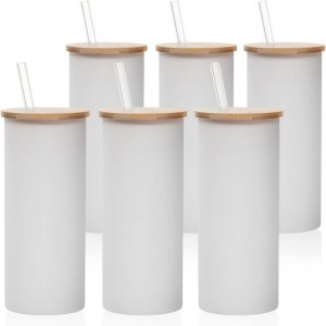 17 OZ Sublimation Blanks Glass Tumbler Skinny Straight Frosted with Bamboo Lid and Glass Straw