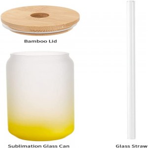 18 OZ Sublimation Glass Cans Blanks Frosted Lemon Yellow with Bamboo Lid සහ Clear Glass Straw Beer Cans Wide Mouth