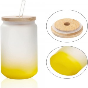 18 OZ Sublimation Glass Mpempe oghere nwere oyi kpọnwụrụ lemon odo nwere mkpuchi bamboo na mkpọ ahịhịa ahịhịa juru nke iko mmanya sara mbara.