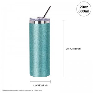 20 OZ Sublimazione Blank Glitter Skinny Tumbler Verde cù Paglia di Metallu