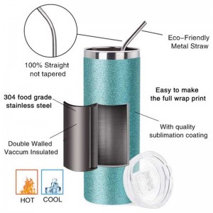 20 OZ Sublimation Blank Glitter Skinny Tumbler მწვანე ლითონის ჩალით