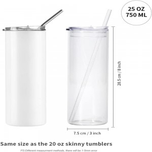 25 OZ Sublimation Glass Blanks Skinny Tumbler Clear Straight Kupa kafeje me kapak dhe kashtë qelqi