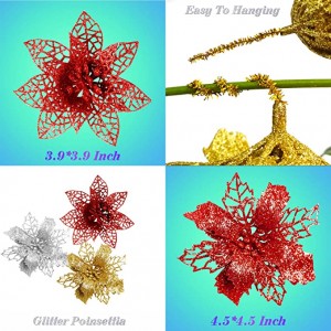 Poinsettia цэцэг хиймэл Pointsettas Христийн Мэндэлсний Баярын чимэглэл Glitter Poinsettias Христийн Мэндэлсний Баярын чимэглэл